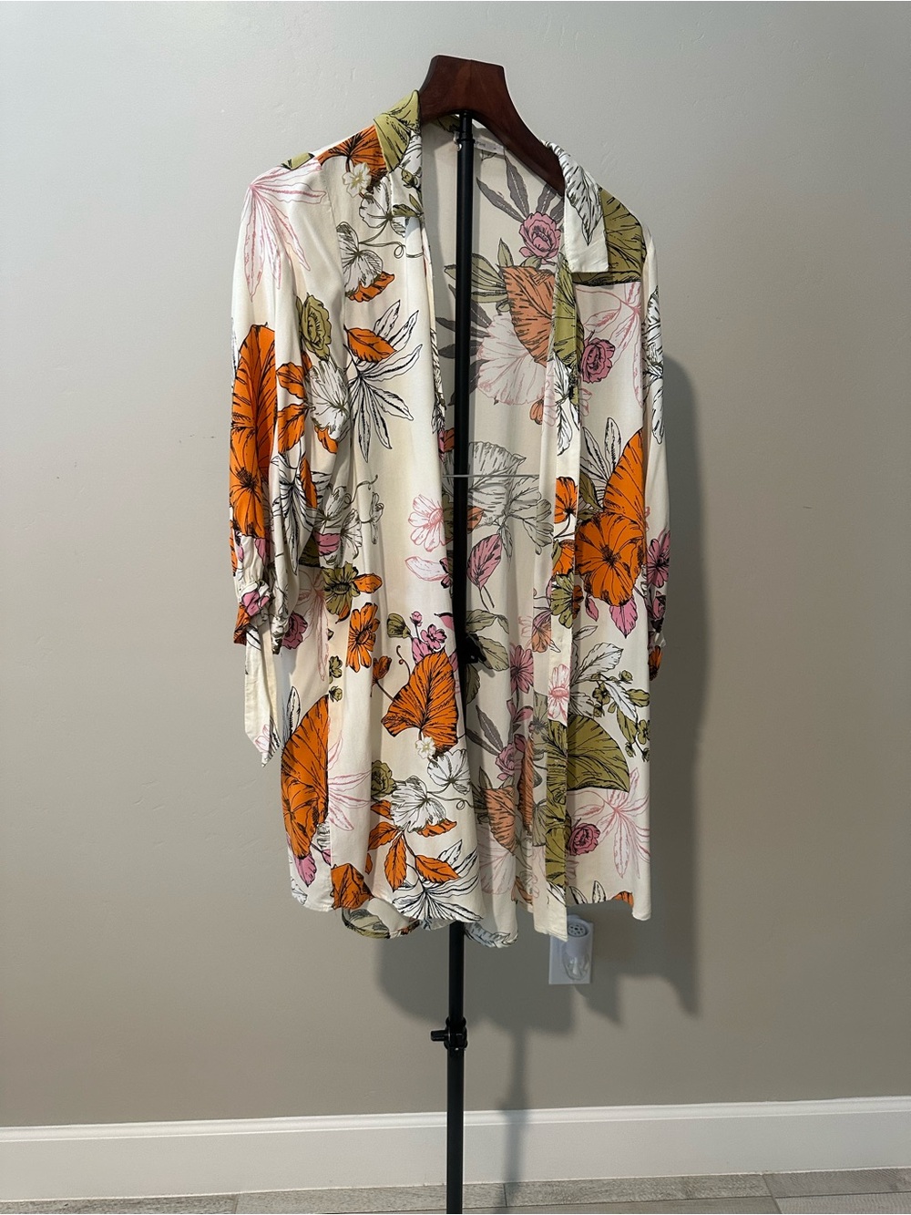 Floral Open-Front Kimono Cardigan - Cream with Orange & Olive